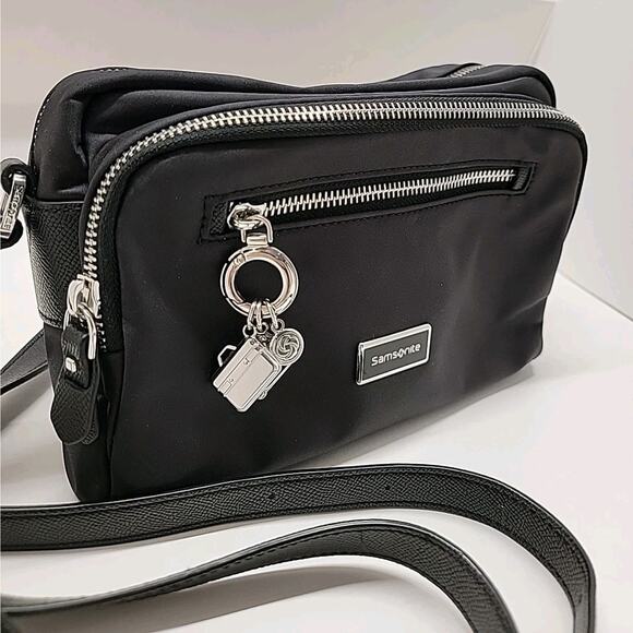 SAMSONITE Black Adjustable Zippered Crossbody with Silver Charms Pockets Travel - Picture 2 of 16